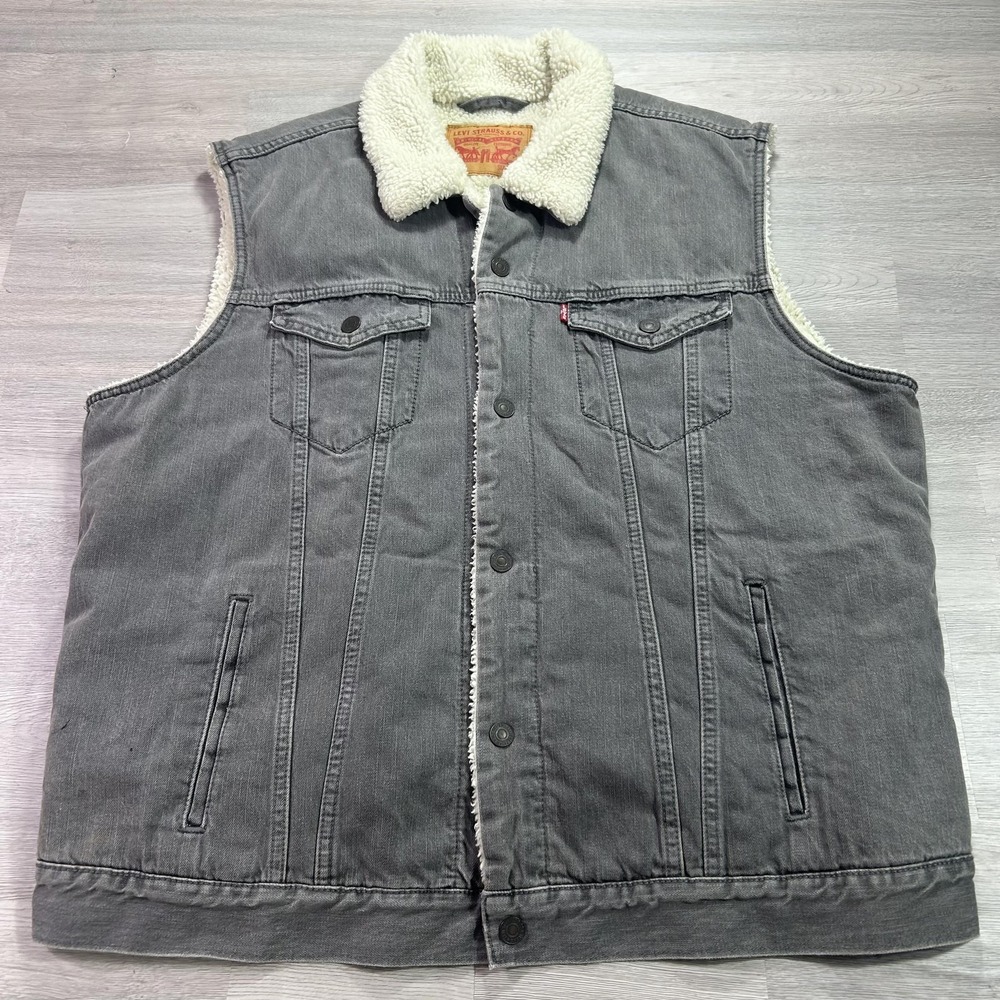 Levi's Vest Mens 2XL Gray Denim Sherpa Lined Snap Front Western Workwear